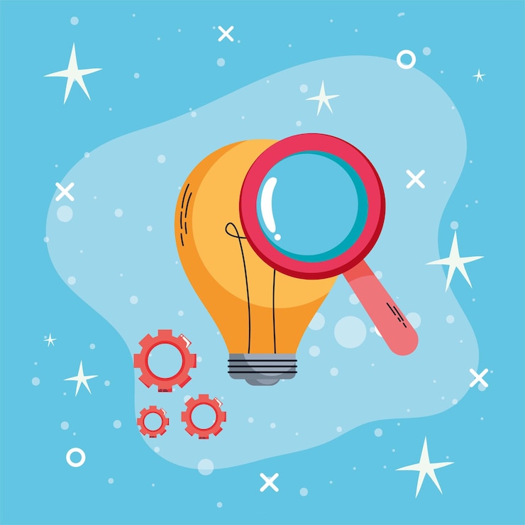 Vector bulb and magnifying glass learning