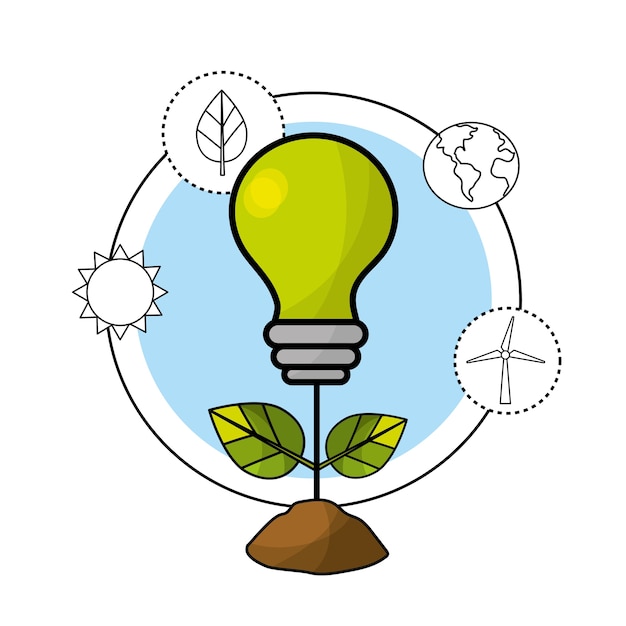 bulb with leaves and environment care icons