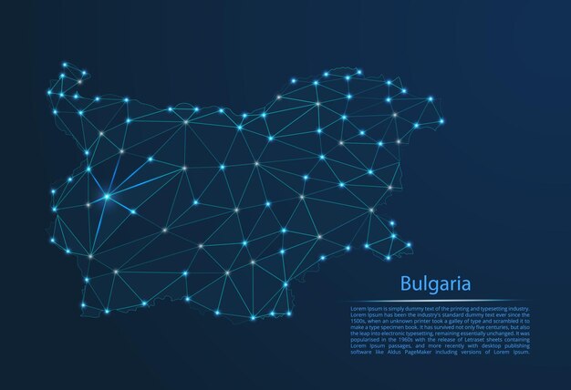 Bulgaria communication network map Vector low poly image of a global map with lights