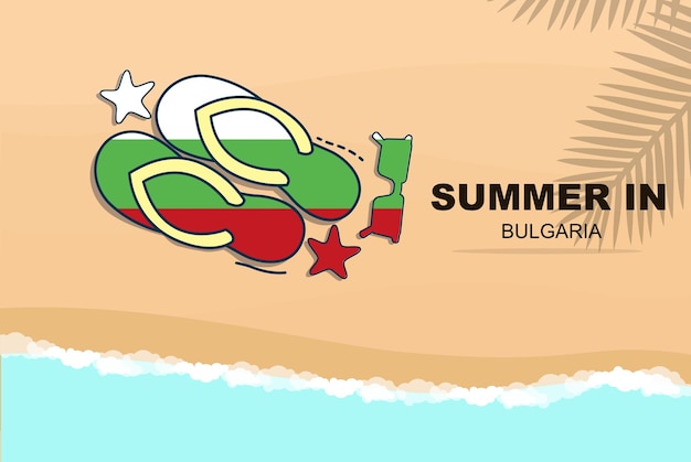 Болгария летний отдых вектор баннер пляжный отдых шлепанцы солнцезащитные очки морская звезда на песке