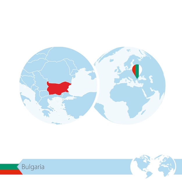 ブルガリアの旗と地域の地図で世界のブルガリア。ベクトルイラスト。