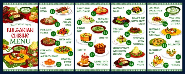 Vettore modello di menu del ristorante di cucina bulgara