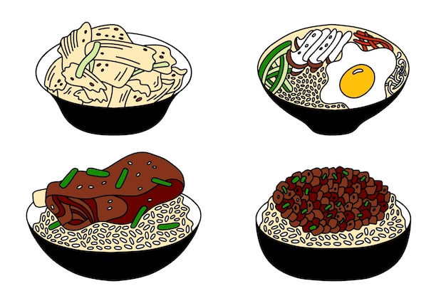 Bulgogi kimchi bibimbap kalbi Korean dish vector set