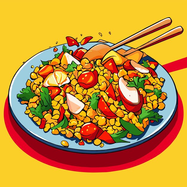 Vector bulgur pilaf met garnalen paprika's en groenten op een plaat vector illustratie