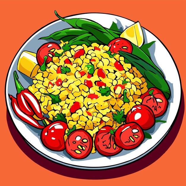 Vettore pilaf bulgur con gamberi, peperoni e verdure su un'illustrazione vettoriale di piatto