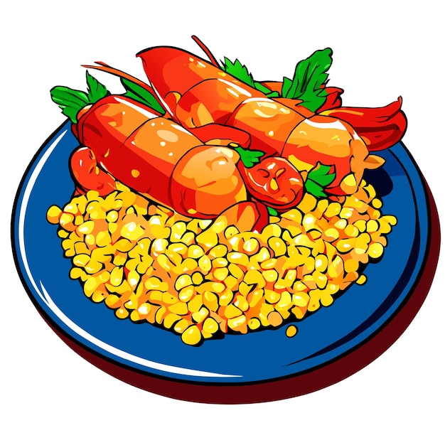 Vector bulgur pilaf with shrimps bell peppers and greens on a plate vector illustration