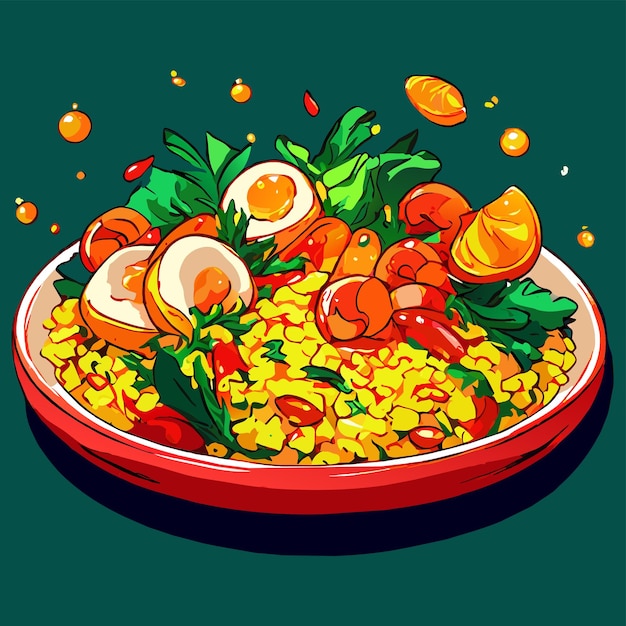 Vector bulgur pilaf with shrimps bell peppers and greens on a plate vector illustration