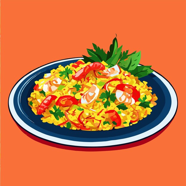 Vector bulgur pilaf with shrimps bell peppers and greens on a plate vector illustration