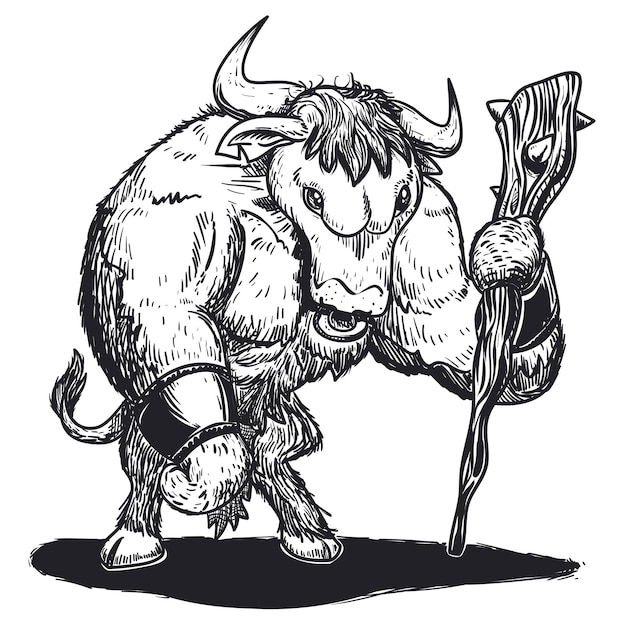 Bulky and furry minotaur like a warrior with a prickly club like staff ready to fight