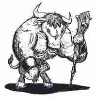 Vector bulky and furry minotaur like a warrior with a prickly club like staff ready to fight