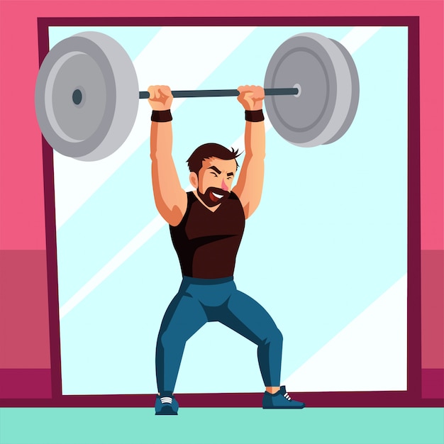 Vector bulky man lifting very heavy dumbbell cartoon character illustration