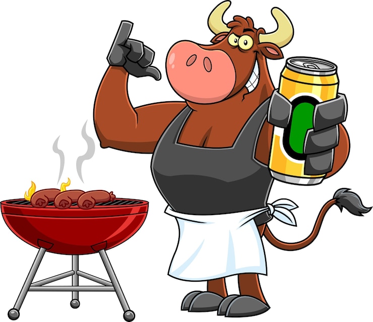 Vector bull bbq chef cartoon mascotte karakter grillen worsten houden van een bierblikje