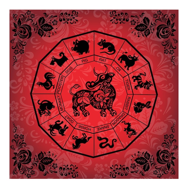 Vector bull buffalo taurus card in red colors in ethnic style symbol of the year vector illustration