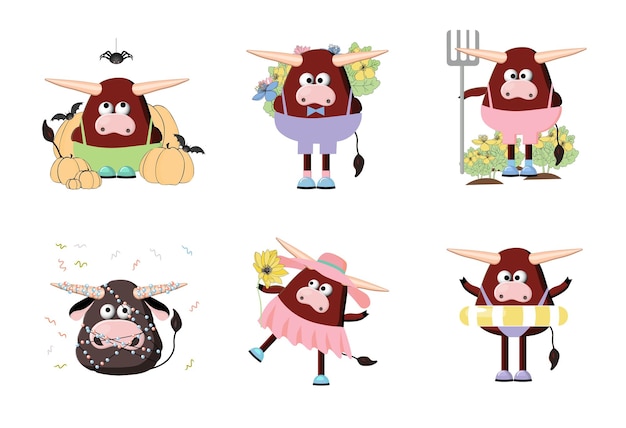 Бык персонаж мультфильма бык. Животноводческая ферма с набором символов рогов