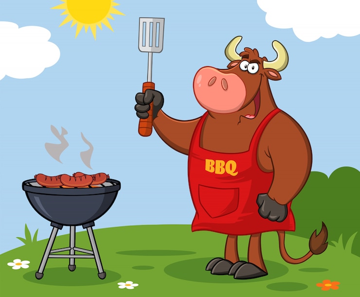 Vector bull chef-kok cartoon mascotte karakter houden ingelaste spatel door een barbecue. illustratie