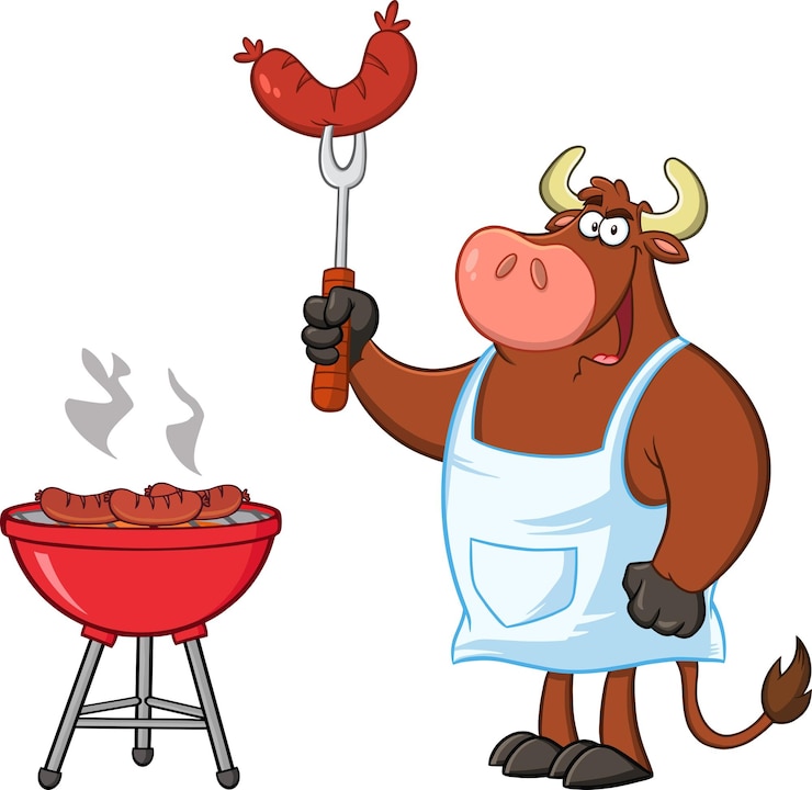 Vector bull chef-kok stripfiguur mascotte houden worst op vork door een barbecue