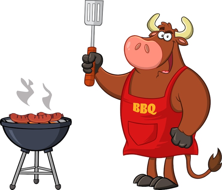 Vector bull chef stripfiguur mascotte houden spatel met sleuven door een barbecue