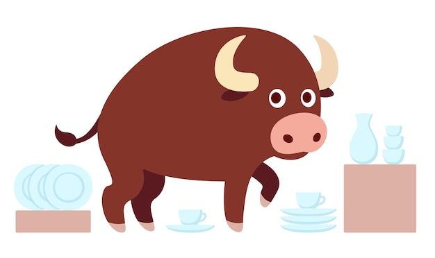 Vector bull in a china shop cute cartoon drawing