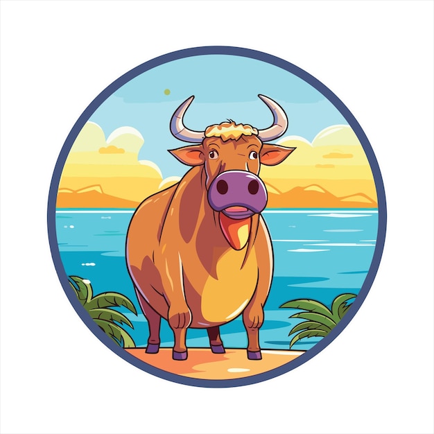 Vettore bull cute funny cartoon kawaii colorful watercolor beach summer animal pet sticker illustrazione
