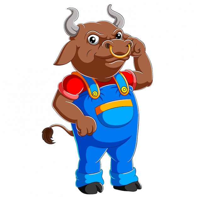 Bull dressed up ln farmer style of illustration
