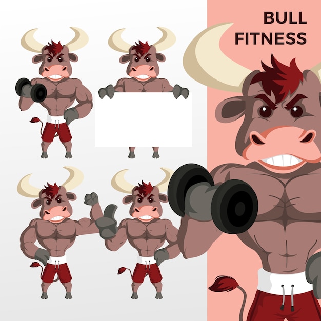 Bull fitness mascotte set di caratteri icona logo illustrazione