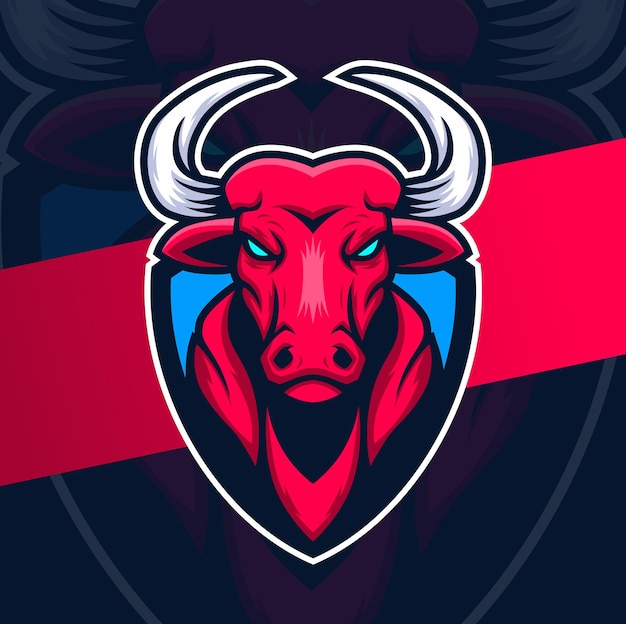 Bull head mascot esport logo karakter met schild voor sport en gaming logo concept