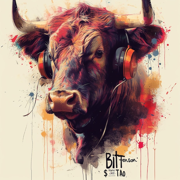 Vector a bull listening to music with headphones on a light background of drops and splashes of colorful pa