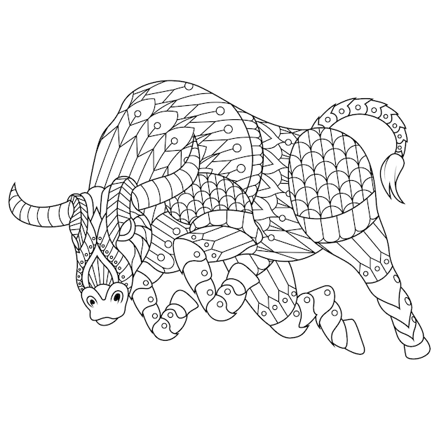 Вектор Бычья мандала zentangle иллюстрация в книжке-раскраске линейного стиля