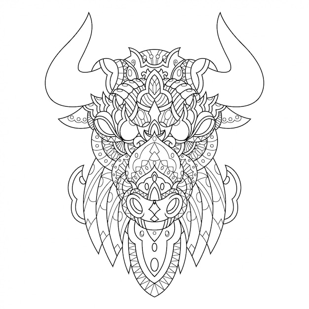 Bull mandala zentangle illustration in stile lineare