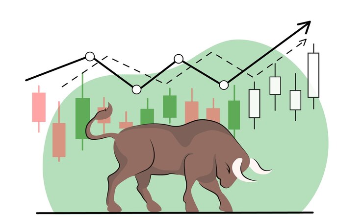 Vector bull-markt betekent dat snelle groei geworteld is in de hoofden van mensen en actief wordt gebruikt tussen het crypto-community bull-symbool en een grafiek van de snelle groei van de crypto-valutavector plat