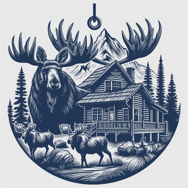 Bull Moose wildlife hunting Moose In Mountains home tree Moose Rustic Log vector