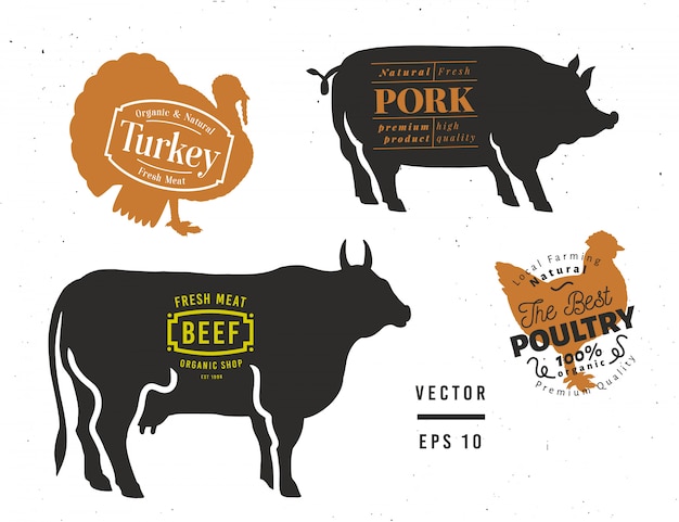 Vector bull, pig, turkey, chicken silhouettes. set of butcher shop elements.