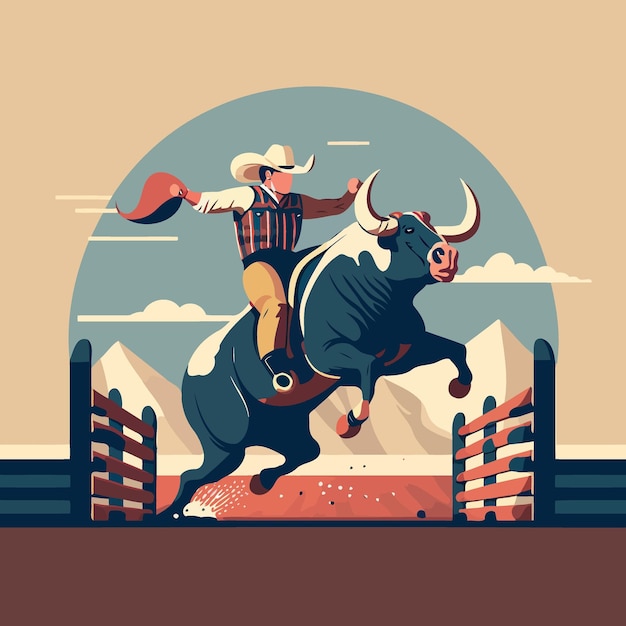 Vector bull riding cowboy