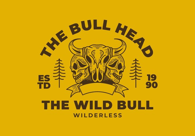 Vector bull and skull head retro illustration design on yellow background