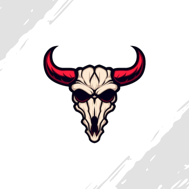 Vettore logo della mascotte del teschio di toro con l'emblema del selvaggio west di corna rosse
