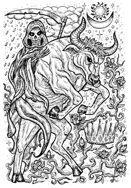 Символ быка бык с короной скелета смерти и мистическими знаками