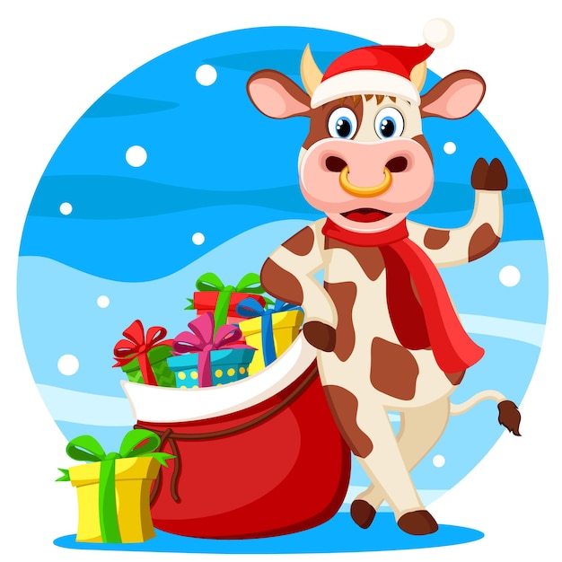Un toro con un sacco di regali indossa un cappello e una sciarpa di capodanno. anno del toro