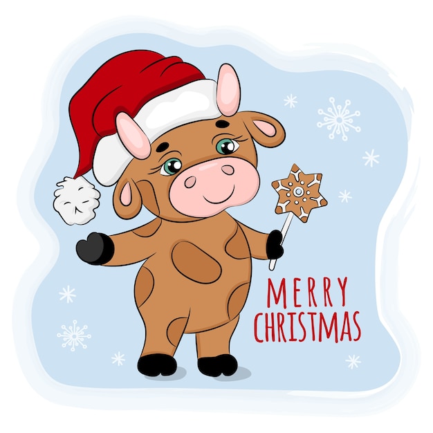 Bull with christmas gingerbread new year cartoon holiday animal  illustration