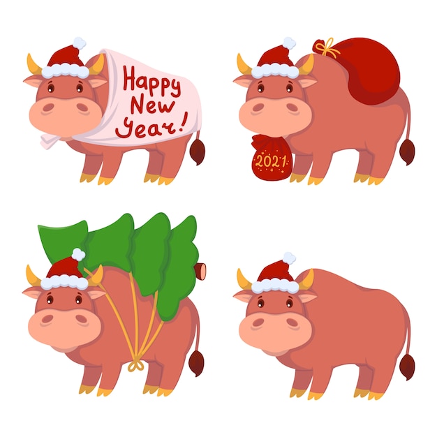 Vector bull with gifts, carries the christmas tree. year of the ox. happy cows set. new year and merry christmas illustration.