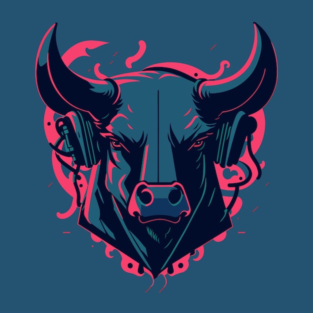 Vector bull with headphones flat vector illustration