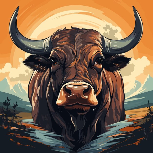 Bull with large horns standing in body of water with mountains in the background