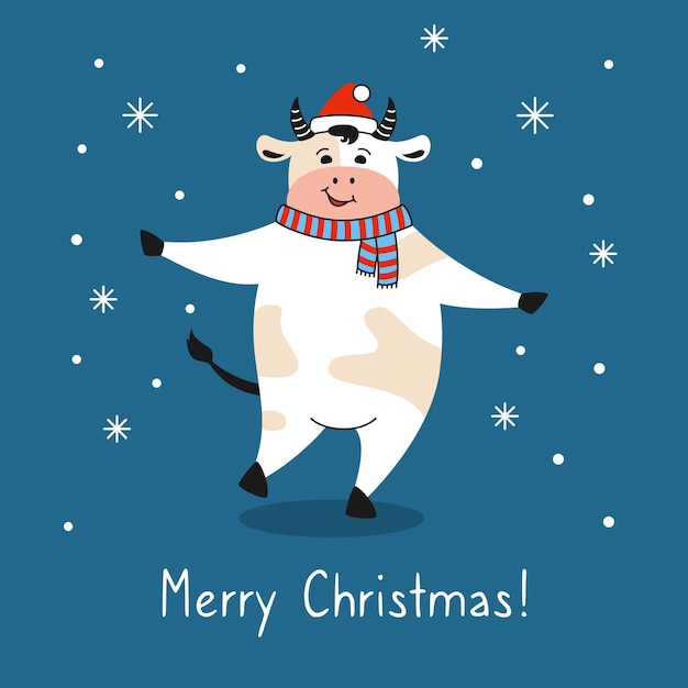 Bull with santa hat greeting Christmas card