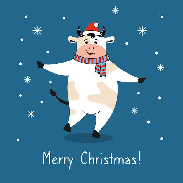 Bull with santa hat greeting christmas card