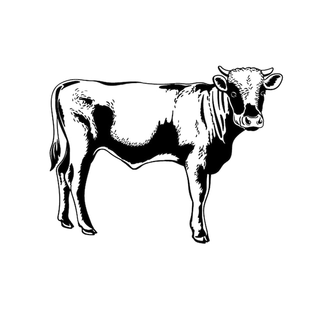 Bull young calf buffalo black and white  Illustration.   Sketch hand drawn