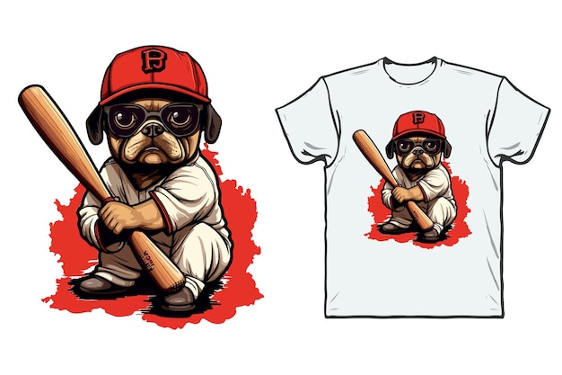 Vettore disegno della maglietta del fumetto della mascotte del giocatore di baseball del bulldog