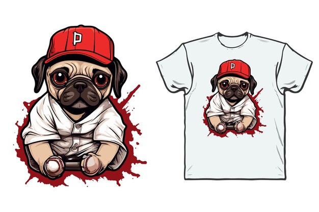 불독 야구 선수 마스코트 만화 티셔츠 디자인