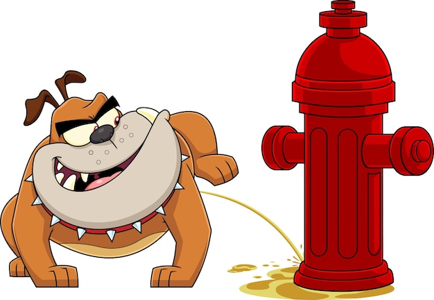 Personaggio mascotte dei cartoni animati bulldog che fa pipì su un'illustrazione disegnata a mano di vettore di idrante antincendio