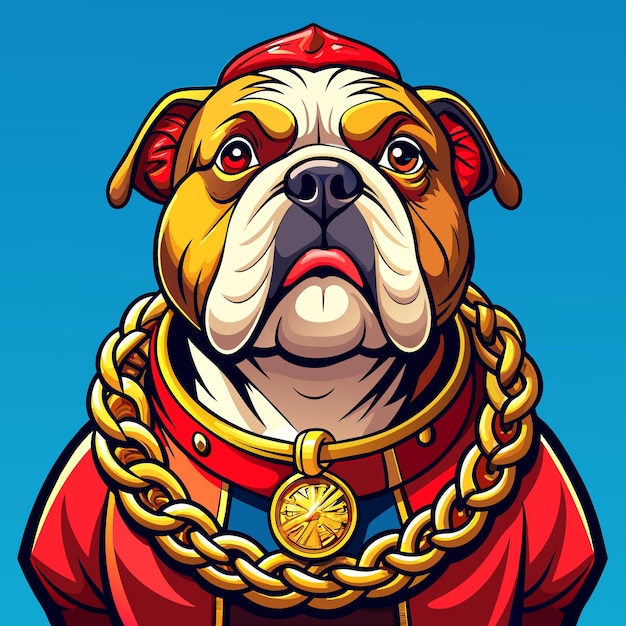 Vector bulldog cartoon met gouden ketting en pet met de hand getekende cartoon personage sticker icoon concept