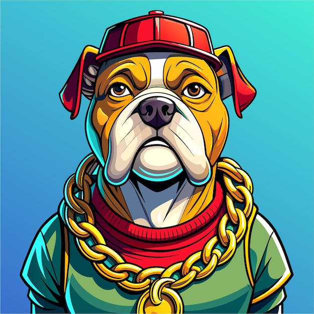 Vector bulldog cartoon wearing gold chain and cap hand drawn cartoon character sticker icon concept