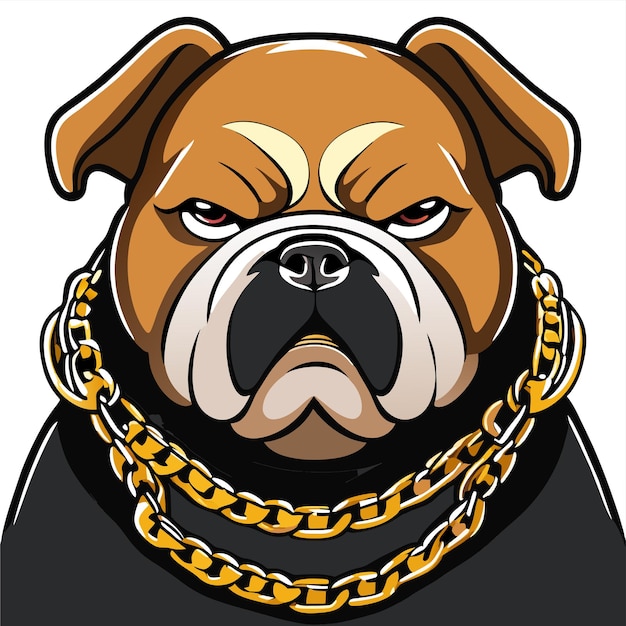 Vettore disegno animato di un bulldog che indossa una catena d'oro disegnato a mano, piatto, elegante, adesivo di cartone animato, concetto di icona isolato